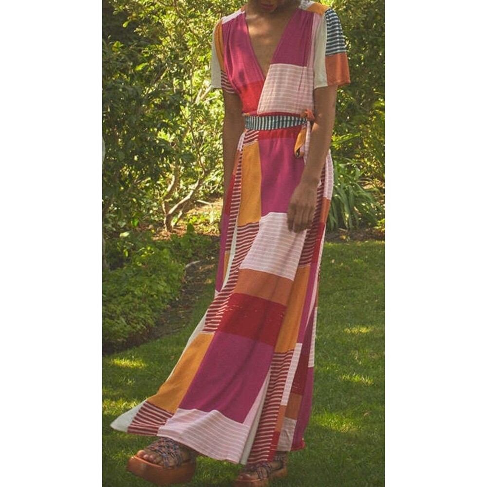 NWT Anthropologie The Odells Helena Wrap Maxi Dress Lg Boho Patchwork Colorblock